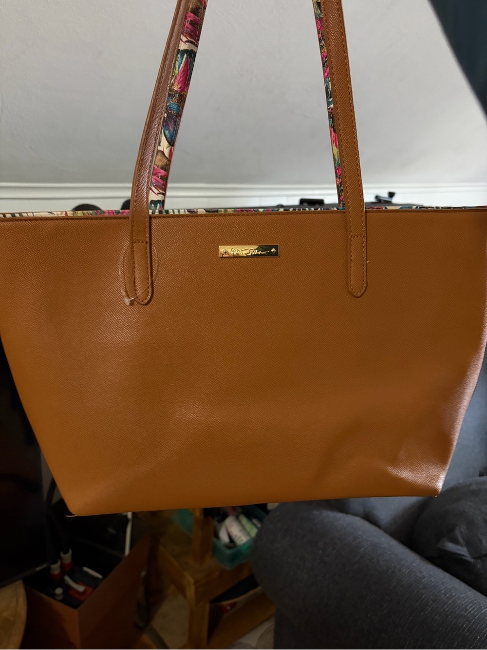 Betsey Johnson Tan Shoulder Tote with Floral-Trim Handles inside